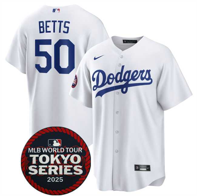Men%27s Los Angeles Dodgers #50 Mookie Betts White 2025 World Tour Tokyo Series Home Stitched Jersey Dzhi->los angeles dodgers->MLB Jersey